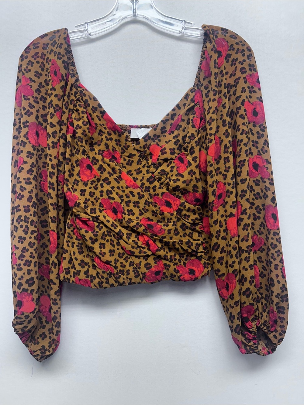 Astr Brown Floral & Leopard-Print Puff-Sleeve Blouse with Red Flowers